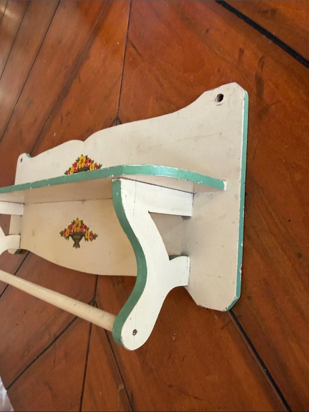 Antique 1930’s Cream Wall Shelf with Green Trim and Floral Motifs